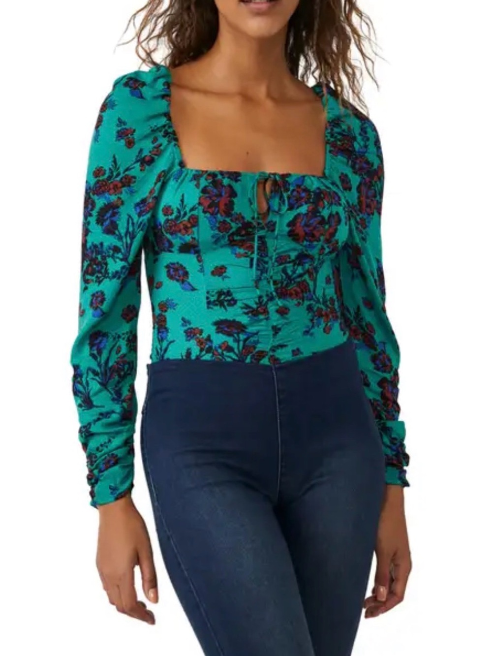 Free People Hilary Print Key Hole Neck Top in Green - Sold Out Style
